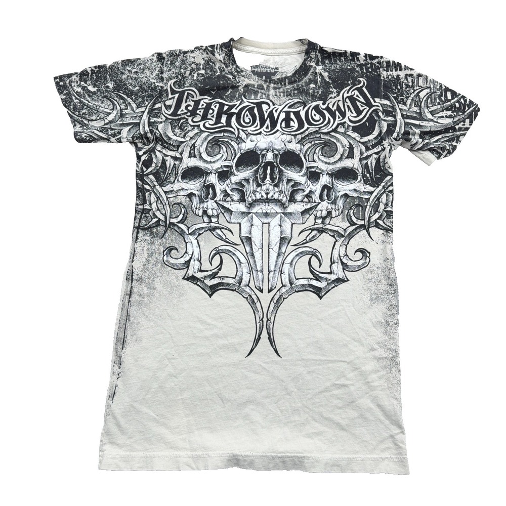 Throwdown Premium Shirt Men Medium White Tee Skull AOP MMA Cage Fighter